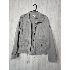 LOFT Utility Jacket Womens Large Gray Military Cargo Y2K Drawstring Jacket